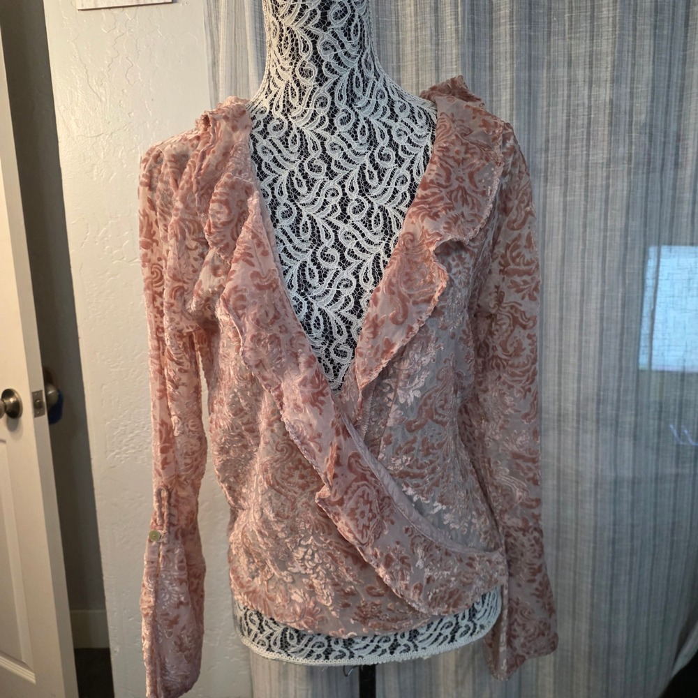 Lucy Love Burnout Wrap Top Womens M Pink Velvet Floral Sheer Y2K Boho Layering